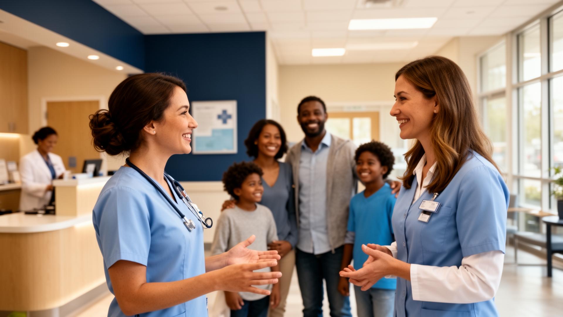 Healthcare provider speaking with a family in a community clinic